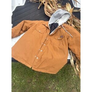 Genuine Dickies Mens Duck Canvas Hooded Shirt Jacket Brown Quilted Lined Coat